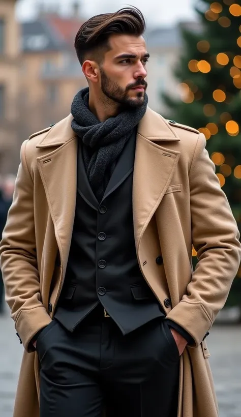 Realistic handsome fisicoculturista and muscular man in elegant cream and dark brown coat ,  with elegant and spectacular black pants in a plaza with Christmas tree in the background, close up, cadena de oro fisicoculturista guapo y fornido súper musculoso...