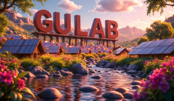 A 3D render of a poster with the text "GULAB CONSTRUCTION" in a vibrant and engaging style. The text is in a bold, 3D style and is a rich burgundy hue. The background is a solar park with rows of sleek, glistening panels. There is also a gently flowing riv...