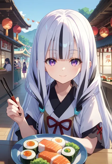 ((masterpiece)), anime lighting, 1girl, solo, long hair, white hair, black hair, multicolored hair, open eyes, purple eyes, cute, night festival scenery, japanese festival, holding plate with sushi, holding chop sticks, looking at viewer, viewer POV, smile...