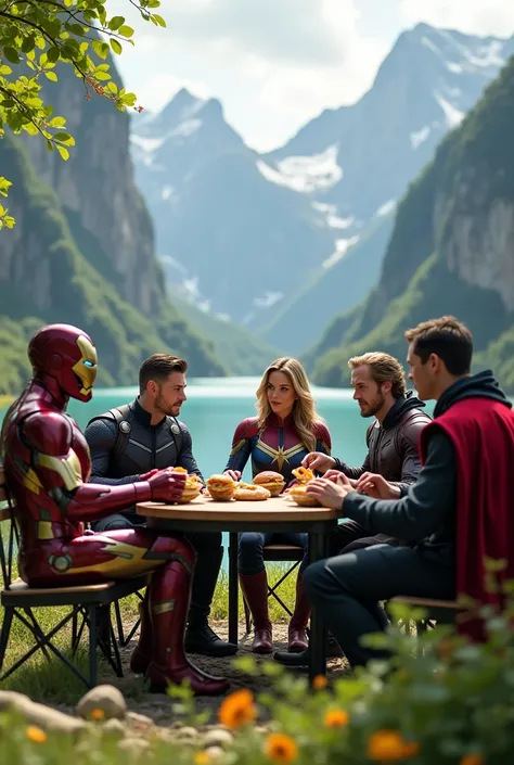 Create a hyper relastic image of The Avengers all characters iron Man Captain America Captain marvel Thor black panther locky Doctor strange eating sandwich  at a beautiful place high details suit 
16k UHD 
