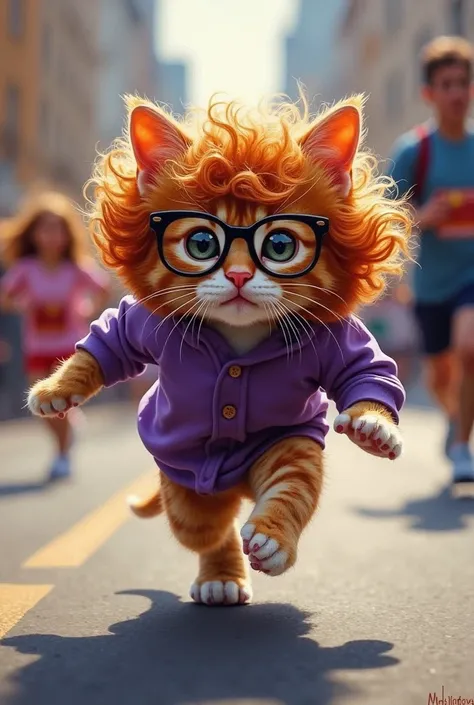 Generate oil painting of adorable kitten with eye glasses, long curly hair wig, and a purple shirt running a marathon