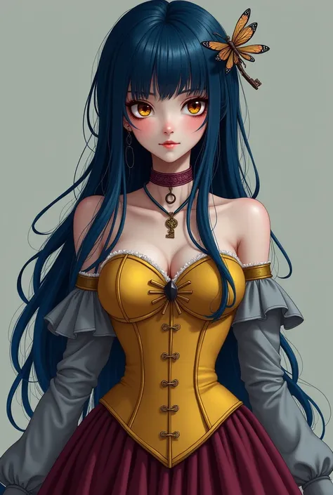 A woman wearing a dark blue wig without fringe long slightly wavy , wearing a yellow corset and a burgundy skirt , With the round , with a necklace with a ,  key pendant and a dragonfly-shaped hair clip 
Show the whole body