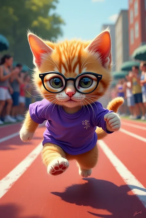 Generate oil painting of adorable kitten with eye glasses and a purple shirt running a marathon