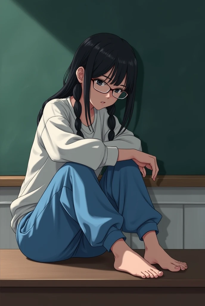 ,,  score_9,  score_8_above, score_7_above,, 1 girl,Alone, black hair,blue and white loose-fitting sweatpants , blue and white loose-fitting sweatpants,glasses, black hair,low twin braids, ,desktop,sitting on desktop,foot above,barefoot,soles, focus on foo...