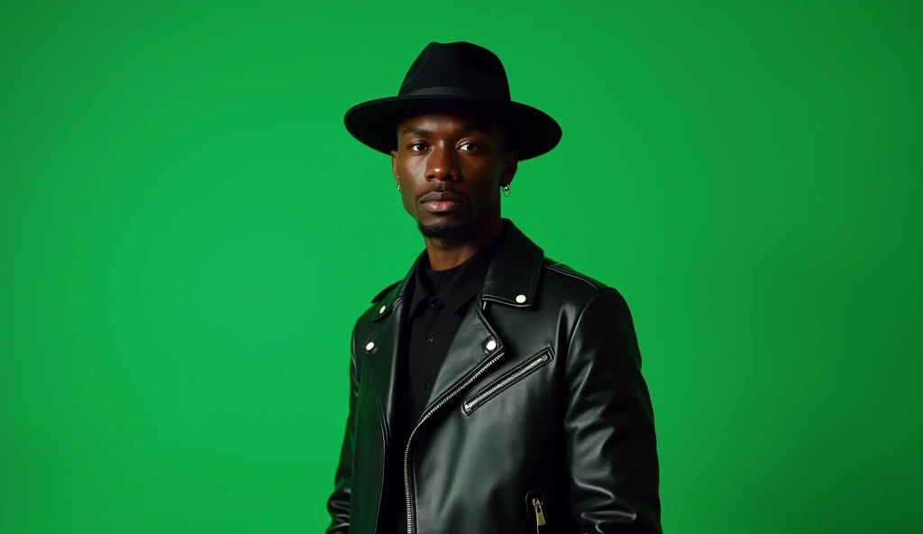 3 Minimalist fashion photoshoot of 1 African male model wearing a black leather jacket and hat, with a green background, clean look, magazine cover aesthetic, editorial photography, professional color grading, soft shadows with low contrast, film grain, an...