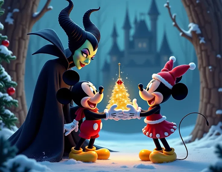 : Mickey and Minnie offer Maleficent a special ornament as a Christmas gift.