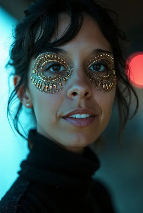 surrealisticunconventional surrelaistic editorial at nighttime in Venice, a model wearing an elegant concept jewelry make up, Eye surrealistic schiaparelli jewelery woman on the eye of the model, futuristic minimalism, concept make up based on parametrical...