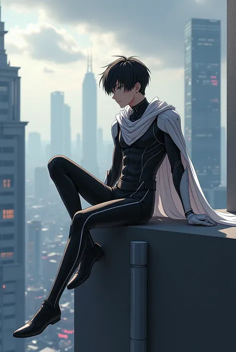 25-year-old anime boy wearing a high-collared black tight bodysuit with white accents, white gloves, white boots, and a white cape, white armored paddings on his torso, armored arm guards, and armored shoulder guards, sitting at the edge of a rooftop