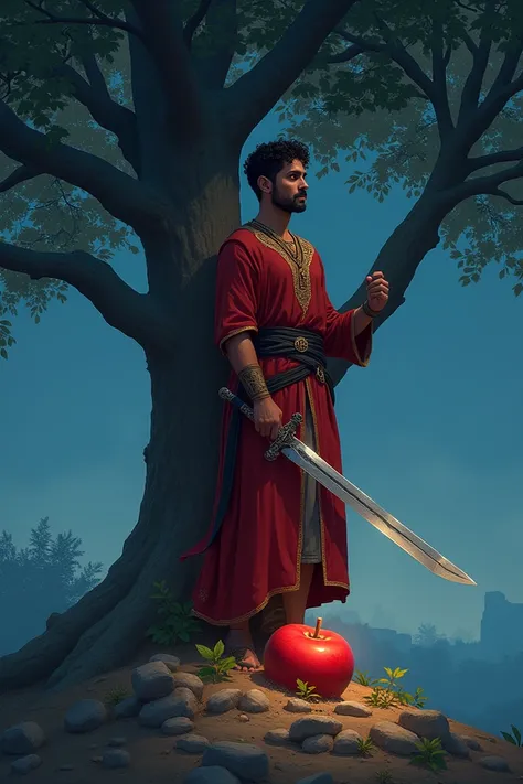 He has a sword with him, and the apple is sleeping under the tree, and it is night.
Young adult, male, middle eastern, clad in a vibrant red tunic with golden accents, he possesses a tall and muscular build.
 