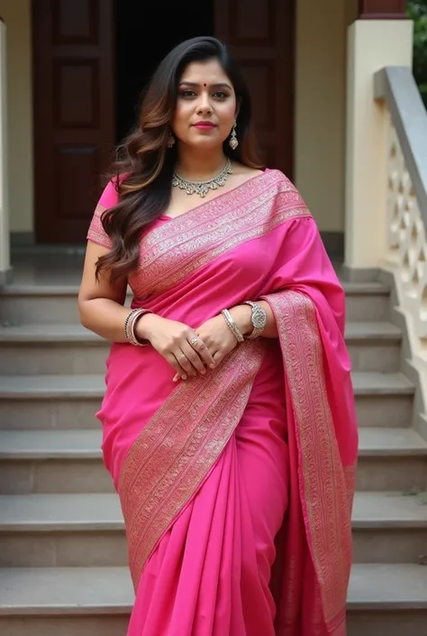 Looking to the camera Indian medium chubby women big side set breast,hour glass body figure.
wearing Classy pink Heavy Embroidered Designer Silk Saree with matching sleeve blouse,
Matching neckless and earrings, costly watch on the left hand 
One side open...