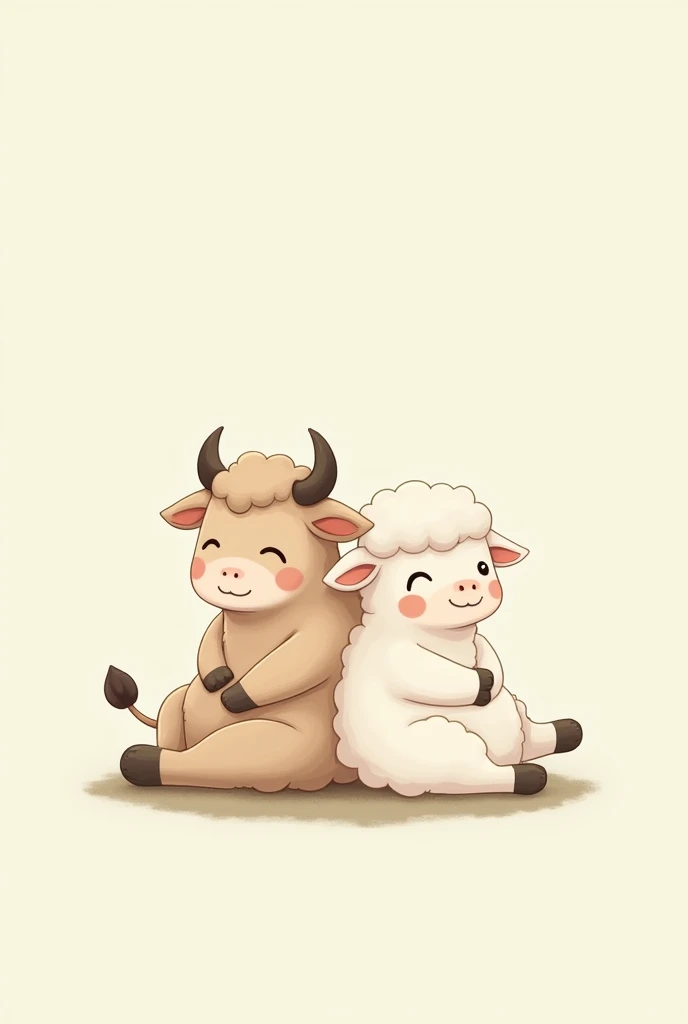 Logo illustration ， blank background， Miyazaki Horse Style ，A cow and a sheep ，Sit back to back together，Comfortable，drowsy