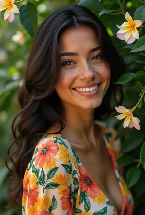  A Brazilian woman in a lush tropical garden,  wearing an open shirt with floral print ,  with a close up capturing the harmonious beauty between her breasts and natural flowers,  showing your natural charm and outgoing personality.