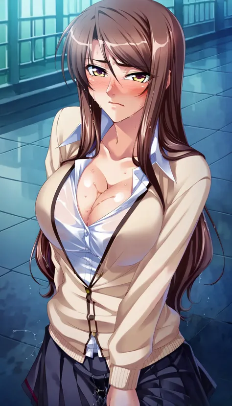 score_9,score_8_up,score_7_up,ultra detailed,absolutely resolution, 32k,masterpiece,best quality,ultra HD quality,detailed beautiful face and eyes,Kagami Hirotaka,kawaii girl,brown hair,long hair,(embarrassed+in heat,blush,Steam),gleaming skin,school unifo...