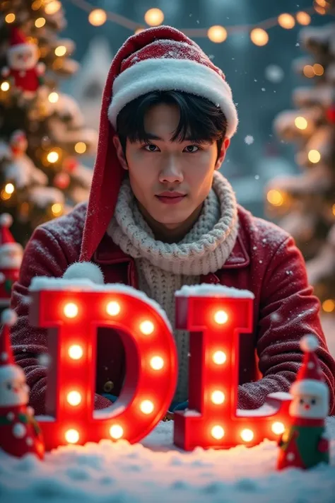 displays full HD high resolution, produce an image with the cool letters "DL" wearing a Christmas hat, behind the letters you can see a handsome Korean-faced man wearing Christmas clothes and a Santa Claus hat, the background is a snowy Christmas atmospher...