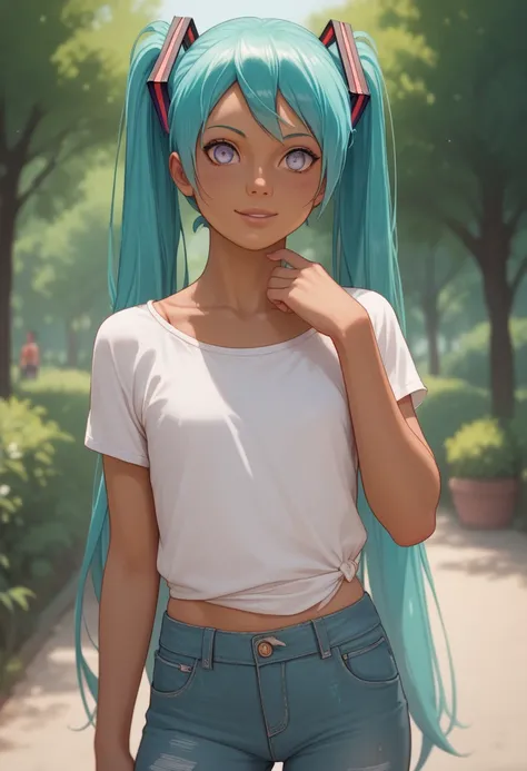 Hatsune Miku (Naruto) with long hair and large eyes. Tanned skin. Loli flat chest with casual outfit.