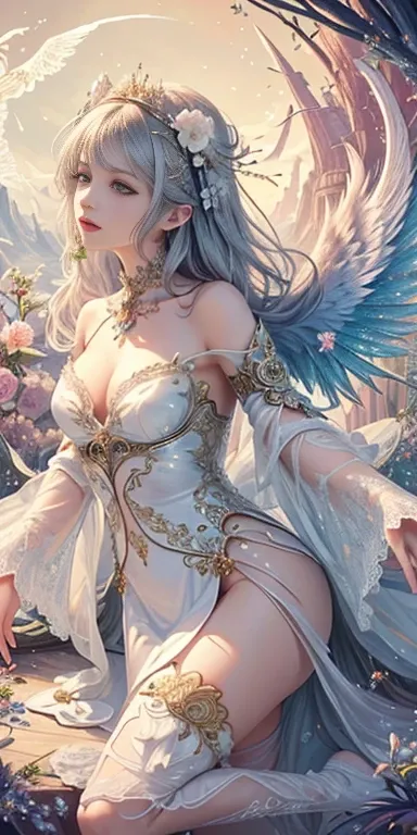 dynamic angle, angel wings, (masterpiece, top quality, best quality, official art, beautiful and aesthetic:1.2), (1girl), extreme detailed,(filigree art:0.9),(fractal art:1.3),colorful,highest detailed, buling, flowers, floral:1.0,jewel, shiguang