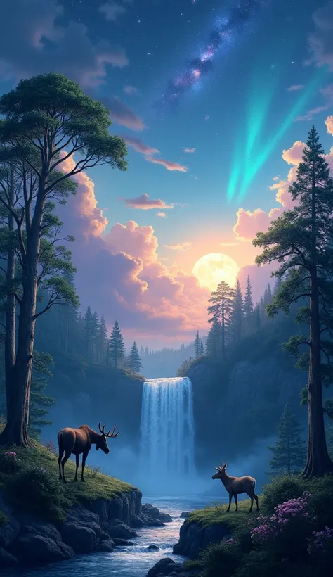 masterpiece, best quality, high quality, cg, 8k, scenery, night, sky, clouds, no man ,lush forest, beautiful waterfall, rainbow, fantasy image, firefly, moonlight, aurora, tree, black snake on tree, apple herd, moose, albino deer, white rabbit,