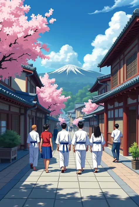 A cartoon anime style scene of an ancient japanese town with the pov being someone walking through it on a sidewalk. Include people walking and talking to each other. As well as 4 people in karate uniforms walking out of a karate dojo as if their karate cl...