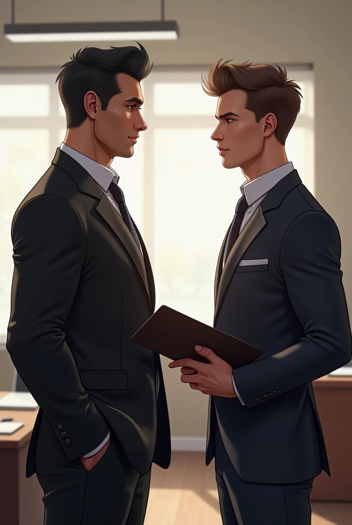 Digital art a handsome man with black hair with a good hairstyle and super muscular and in front of him a very thin boy with brown hair and with a folder in his hand, that they are in an office and the two of them are seeing each other face to face with a ...