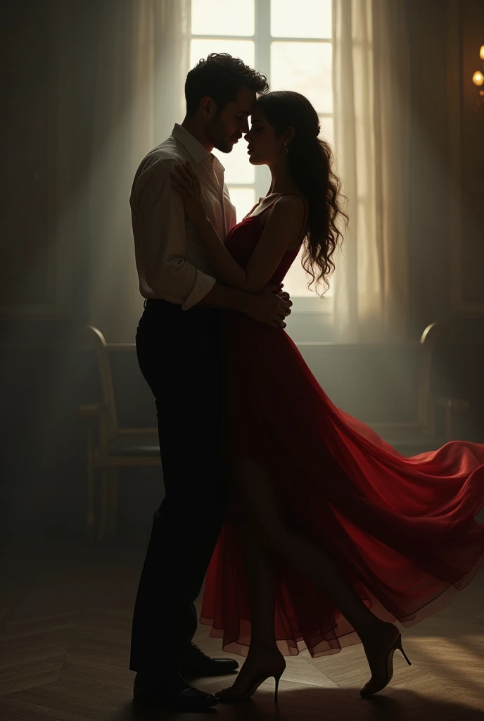 **A couple dances in a dimly lit room ,  their movements reflect a mix of tenderness and passion .  Shadows and soft lights create an atmosphere full of secrets and emotions,  reflecting deep feelings of love and jealousy .**