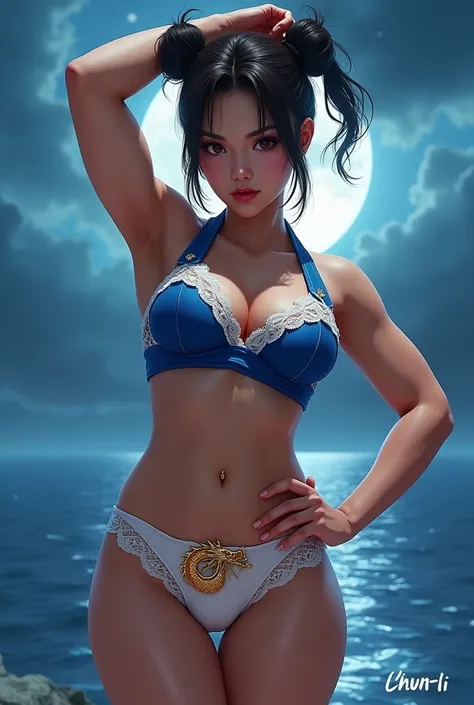 Street Fighters Chun Lee Chun-li full character is 172cm tall. She has a double bun hairstyle with a beautiful, transparent skin Beautiful skin, thick shoulders, muscle, large chest side, 80cm, big chest, waist, 138cm wide waist, hip waist Big round, plump...