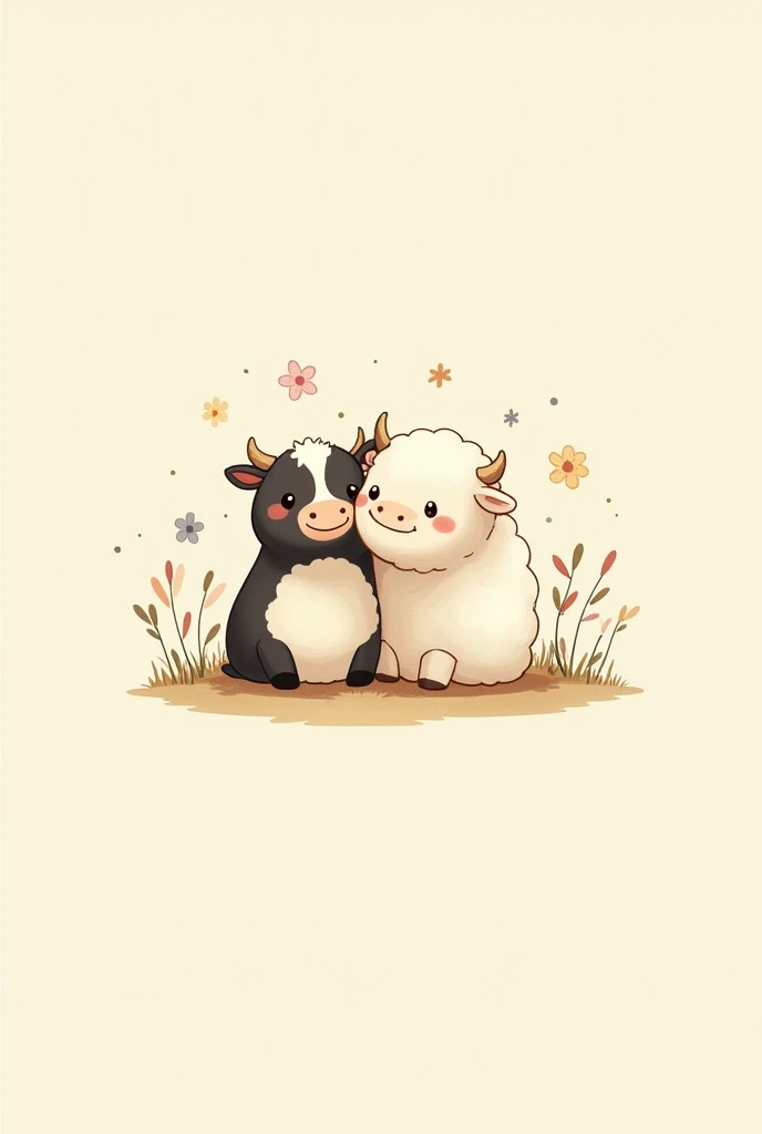 Logo illustration ， Miyazaki Horse Style ， a cow and a sheep，Depend on each other ，cute，Comfortable