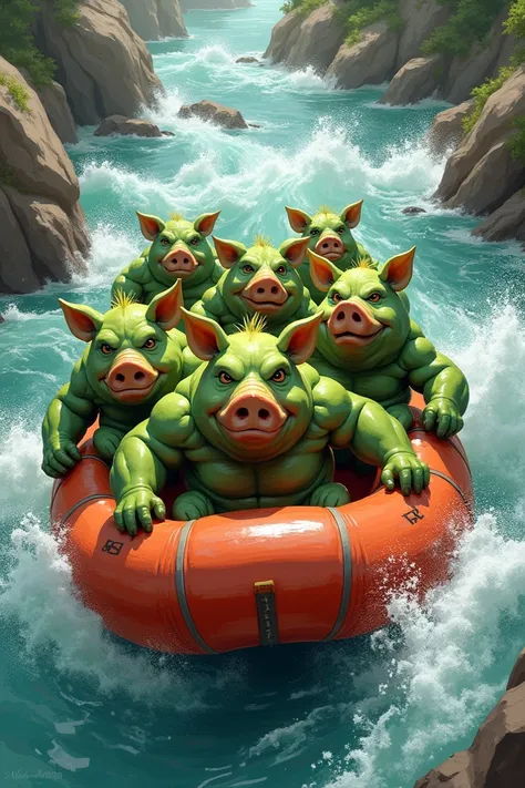  Group of sexy muscular green pigs practicing rafting, generate illustrative image  