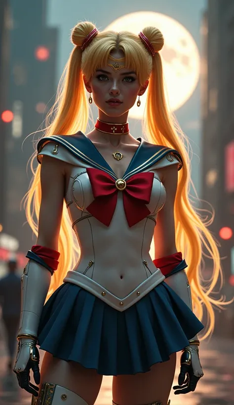 In Photorealist. A cyborg woman does the classic pose from Sailor Moon with big breasts..Its body consists of detailed parts., and he wears a high-tech sailor suit mechanical armor. With golden twin ponytails, red bow tie, and a dark blue skirt, a golden a...