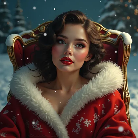 close-up of A pin up woman in a Santa sleigh with a cloak like Santa’s which is revealing of her beautiful body and legs