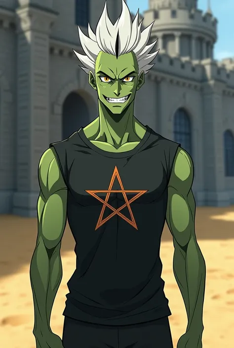 Stately, athletic, green-skinned, pointed-eared humanoid creature with completely yellow eyes with gray irises and black pupil,  a wide smile with pointed teeth ,  but his face is thin his eyes are very anxious despite that he wears a tight black t-shirt w...