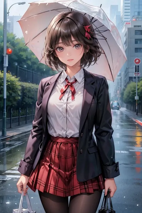 1girl, {{{5 head tall}}}, A heartwarming scene of a high school girl standing in the rain, with water droplets clinging to her hair and uniform. She stands at the school gate, looking slightly downcast. From a first-person perspective, the viewer is depict...