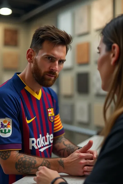 Generate a hyper realistic of messi  wearing his team jersey skillfully Tile shop sales man , customer’s 

The scene should fine details like the sales man in hads the expression on both messi and the face frinde of screen and background with tile displays...