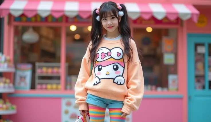 A bubbly Asian teenage girl inspired by Harajuku street fashion, wearing a pastel oversized sweater with cute cartoon prints, rainbow-striped knee-high socks, platform sneakers, accessorized with fluffy hair clips and a mini backpack, standing in front of ...