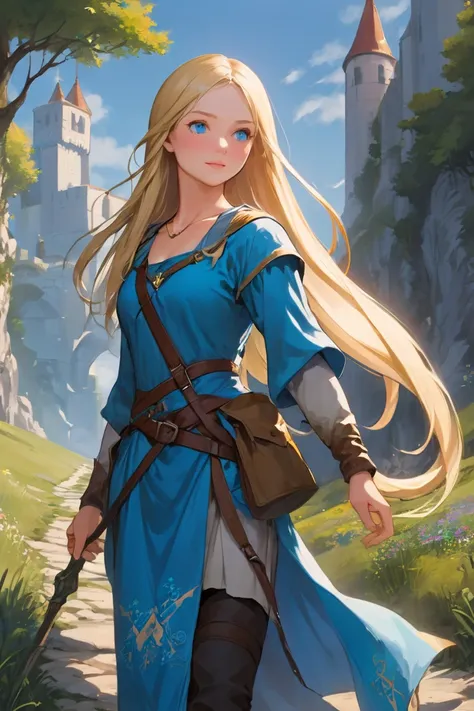 a beautiful medieval adventurer long blonde hair blue eyes small breasts she walks through an imaginative landscape