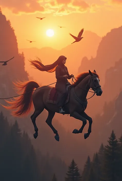 (photorealism:1.2), A distant camera shot captures the entirety of a flying horse-drawn carriage gliding through the golden hues of a serene evening. A beautiful Indonesian woman, wearing a hijab flowing gracefully in the soft twilight breeze, drives the c...