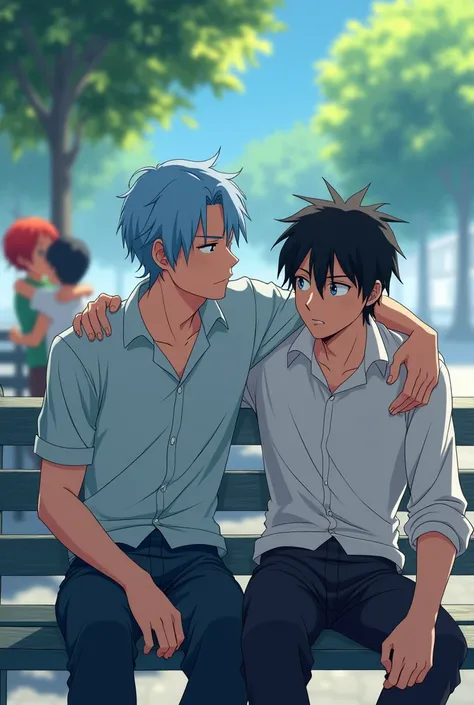 Draw two 30-year-old adult men sitting on a bench, one disappointed and the other comforting the disappointed one watching.,In the distance you can see a couple . A blue-eyed and red-haired haired girl hugging a black-haired boy
One of the boys is light bl...