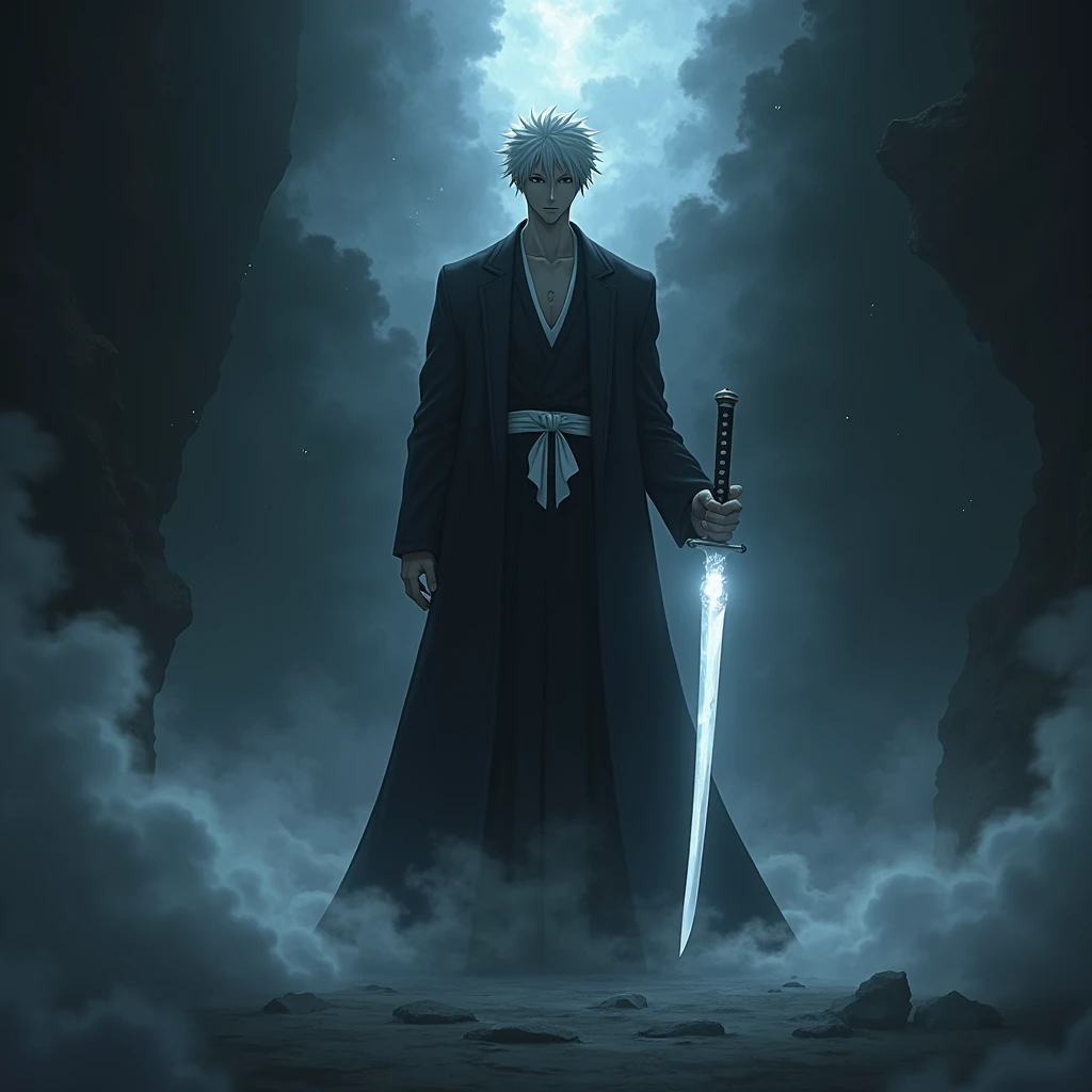 Tosen stands resolute in the ethereal void of his Bankai, his zanpakuto glowing faintly in his hand. His calm, unyielding expression meets the camera, reflecting both his conviction and the weight of his ideals. The oppressive darkness swirls gently around...