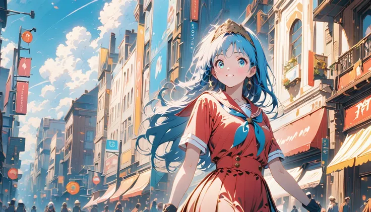 Anime girl with blue hair and red sailor costume standing in front of a building, praise girl, praise artstyle, praise art,  anime atmosphere , praise feel, Anime aesthetics,  anime style. 8k, praise hip hop,  retro anime girl , praise,  anime style mixed ...