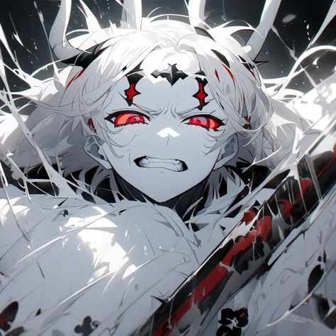  One Man、Muscular white skin、 long white hair when placed on the floor 、Beautiful、Two devil horns、anime、Black Cross of the Forehead、Red Eyes、Long white hair 、筋肉質なBeautifulの男、 excitement 　