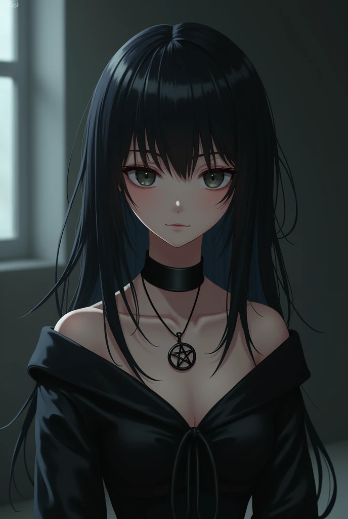 " An androgynous anime-style teenager , with mysterious appearance . He has pale skin, Long dark hair,  and wears elegant black clothes that combine masculine and feminine elements.  wears an inverted pentagram pendant necklace .  His expression is calm an...