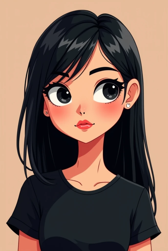  Animated style poster of a 25-year-old girl with long straight black hair, side hairstyle , thick black eyebrows  ,  long eyelashes  ,  black eyes,  Thick lips, with black t-shirt for the medium-length social media profile . 