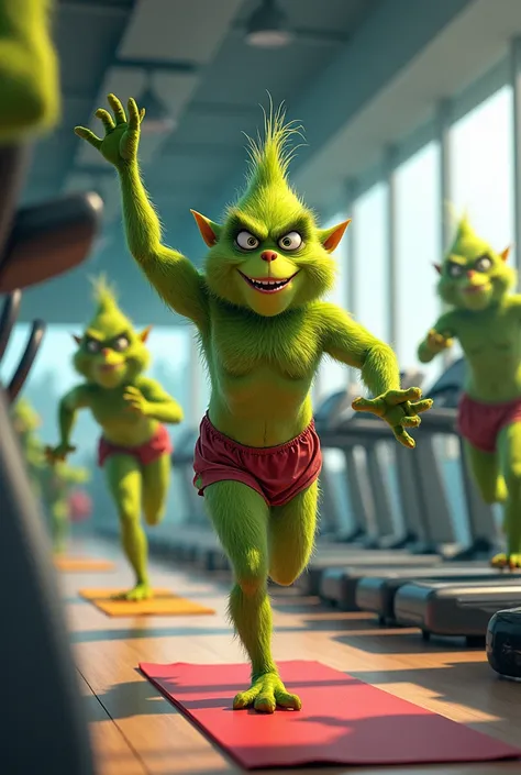 Several Grinch exercising in the gym and sports 