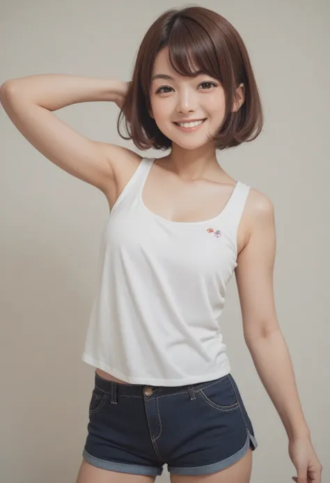 1girl, solo, smirk face, Tank top, shorts, one elbow up, cute, bob hair, cowboy shot, 太った, だらしない