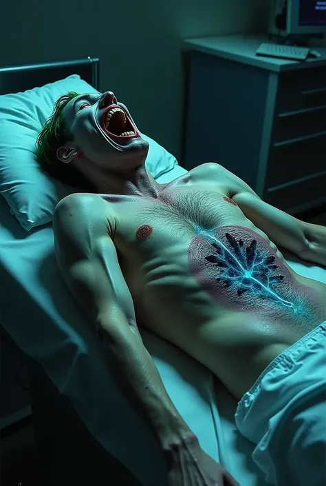  Create a photo of the shirtless joker lying on the operating table in a spasmodic state,The jokers aorta emerges blue 