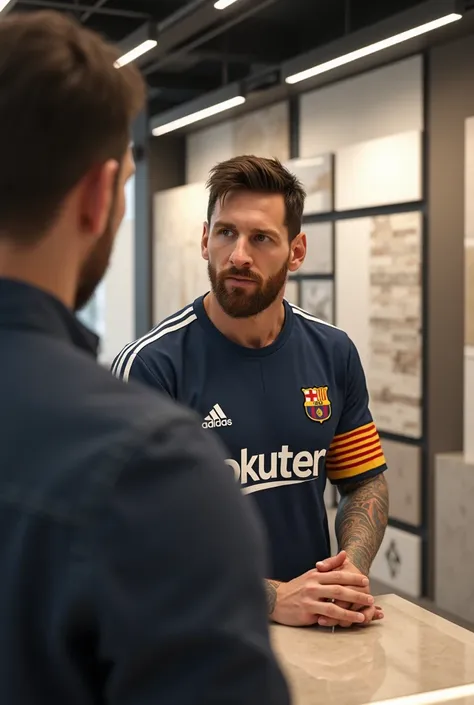 Generate a hyper realistic of messi  wearing his  mr tile promo dress skillfully Tile shop sales man , customer’s 

The scene should fine details like the sales man in hads the expression on both messi and the face frinde of screen and background with tile...