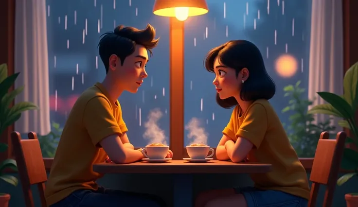  late-night conversation in a 3D animation-style cafe

Li Wei and Xie Ran sit in a cozy cafe， Two cups of hot coffee on the table ，It was drizzling outside the window， The cafe is filled with the warm aroma of wooden furniture ，The atmosphere is a bit depr...