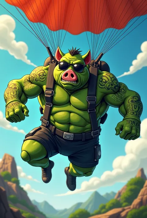  Sexy muscular green pig wearing dark glasses jumping from a parachute, generate cartoon image . Porco is wearing shorts and has skull tattoos. Generate an image of a big, angrily faced pig 