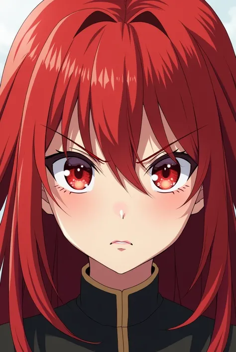  Create the image of an anime-style girl, About 18 years old,  red hair, red eyes and looking angry 