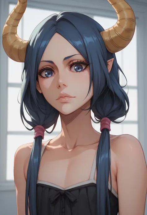 Sadako Yamamura (NIJISANJI) with long light blue hair tied in low pigtails, large navy blue dark eyes, pointed ears and forehead horns. Pale skin. Loli flat chest with casual outfit. (Bleach art style)