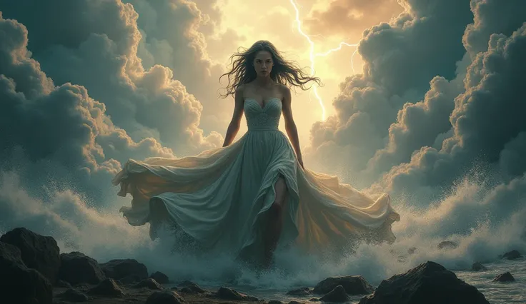 A powerful woman standing amidst a raging storm, her dress flowing like turbulent clouds, lightning crackling around her, her fierce beauty commanding the chaos."